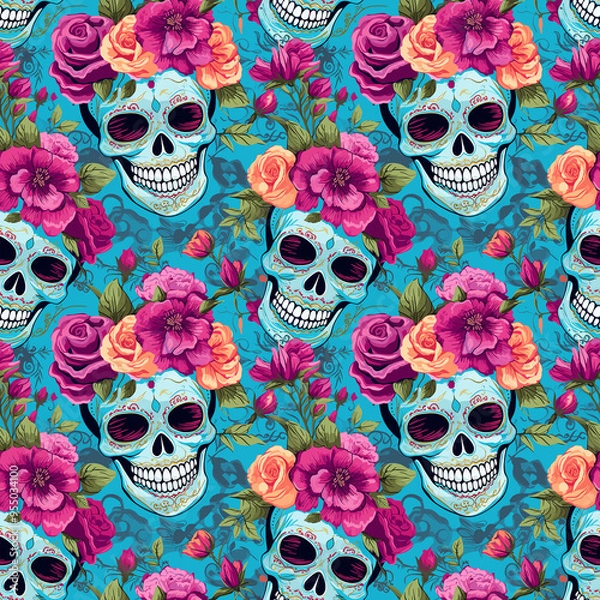 Fototapeta skull and roses pattern, halloween pattern