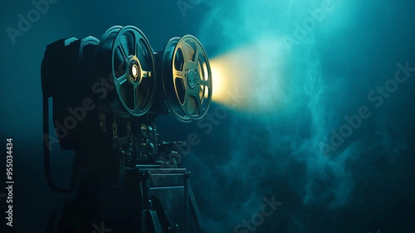 Obraz A 3D render of an old film projector with reels, casting light onto a screen in a dark room