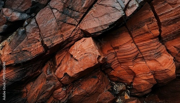 Obraz Dark red orange brown rock texture with cracks. Close-up. Rough mountain surface. Stone granite background for design. Nature.