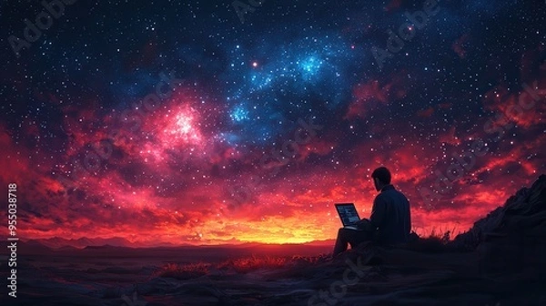 Fototapeta Digitally Connected in the Desert: Remote Worker Typing on Laptop under Starry Night Sky