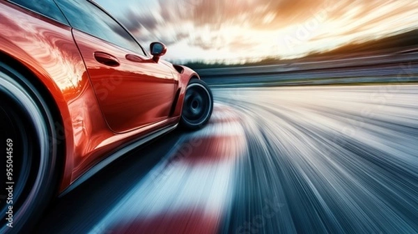 Fototapeta A car speeding down a racetrack, with motion blur capturing the thrill of high-speed racing.