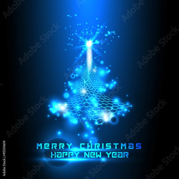 Fototapeta Vector furutistic christmas tree with lights and shine