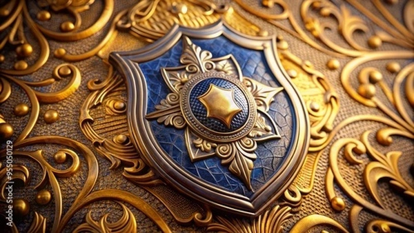 Fototapeta Golden shield with blue enamel finish featuring a silver metallic police badge emblem at center, surrounded by intricate engravings and ornate details.