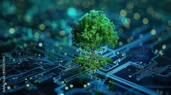 Obraz Green Technology: A Tree Grows on a Circuit Board