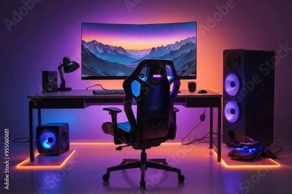Fototapeta Modern gamer setup room with gamer chair and computer, gradient background, gamer concept.