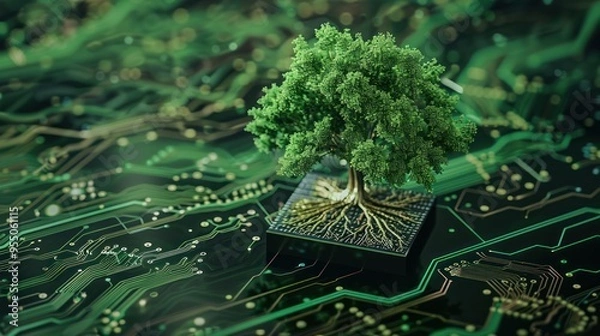 Obraz Green Technology: A Tree Grows on a Circuit Board