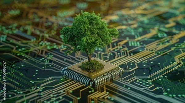 Obraz Green Technology: A Tree Grows on a Circuit Board
