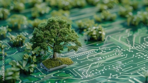 Obraz Green Technology: A Tree Grows on a Circuit Board