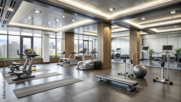 Fototapeta Modern exercise room with rubber flooring, mirrors, and various fitness equipment, including treadmills, weights, and stationary bikes, in a bright and clean atmosphere.