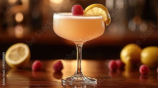Fototapeta Elegant Champagne Cocktail with a Lemon Twist and Raspberry Garnish, Ideal for Celebrations