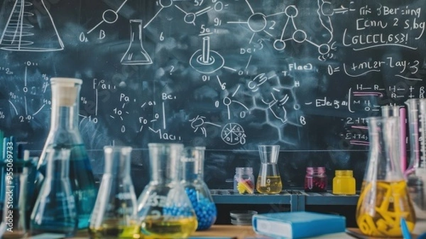 Fototapeta Chemistry Classroom with Flasks and Equations