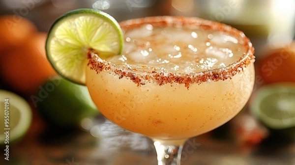 Obraz Refreshing Margarita with Chili-Salt Rim and Lime Garnish in Margarita Glass