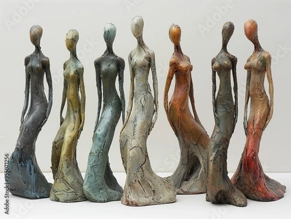 Fototapeta Seven abstract ceramic sculptures of women in various colors, standing in a row.