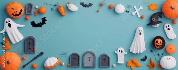Fototapeta ghostly graveyard flat design top view Halloween party theme animation Complementary Color Scheme, copy space for text