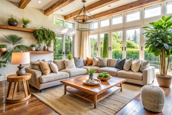 Fototapeta Bright airy living room with natural wood accents, plush sectional sofa, and lush greenery, epitomizing the relaxed and elegant California casual interior design style.