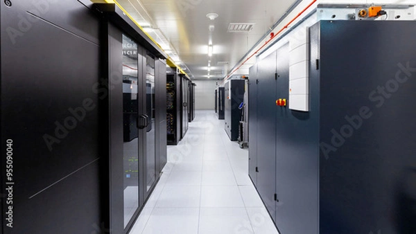 Fototapeta Network servers in a data center. Tier III carrier neutral data center. Server rooms.