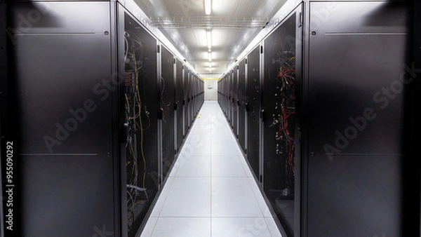 Fototapeta Network servers in a data center. Tier III carrier neutral data center. Server rooms.