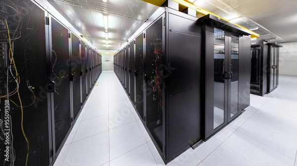 Fototapeta Network servers in a data center. Tier III carrier neutral data center. Server rooms.