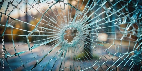 Fototapeta Close-up of a broken, shattered glass pane, shattered, cracked, smashed, fragments, sharp, danger