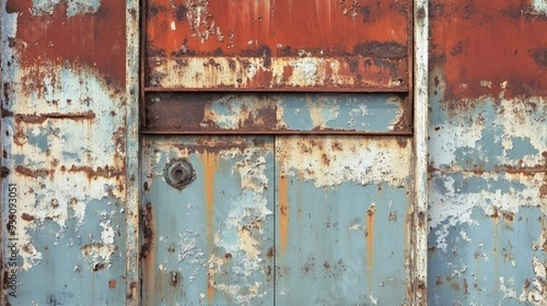 Fototapeta Rusty, abandoned warehouse with peeling paint and corroded metal structures, ideal for industrial backgrounds