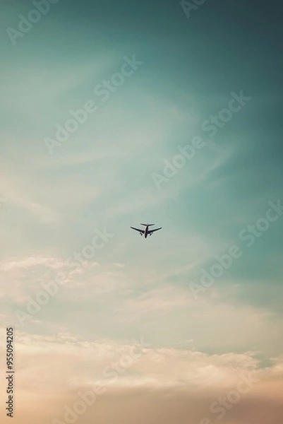 Fototapeta A tiny plane flying high above the horizon, with the vast sky around it stretching out in soft gradients.