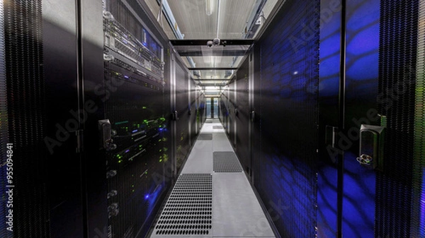 Fototapeta Network servers in a data center. Tier III carrier neutral data center. Server rooms.