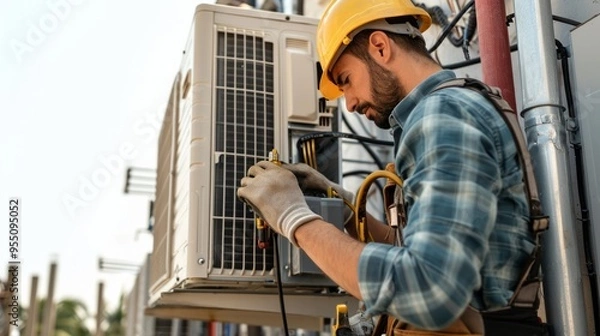 Obraz Technician working on air conditioning or heat pump outdoor unit. HVAC service, maintenance and repair. Neural network ai generated art