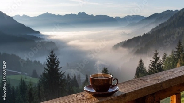 Fototapeta Coffee on Balcony Overlooking Foggy Mountain Valley