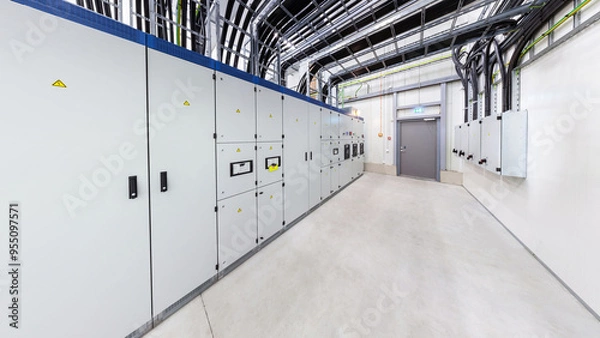 Fototapeta Network servers in a data center. Tier III carrier neutral data center. Electrical distribution room. Switchboard.