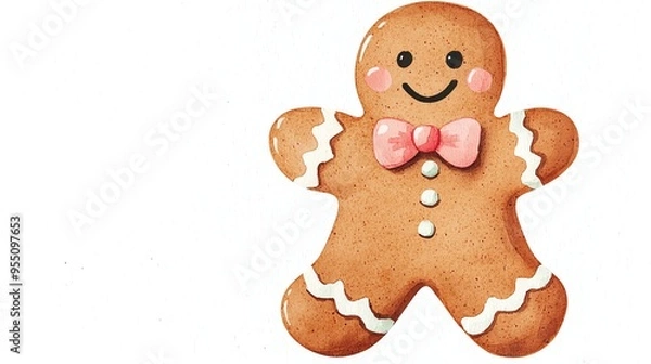 Fototapeta Watercolor illustration of a gingerbread man with icing decorations, clipart, isolate on white background