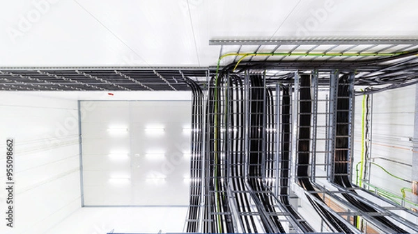 Fototapeta Network servers in a data center. Tier III carrier neutral data center. Electrical distribution room.