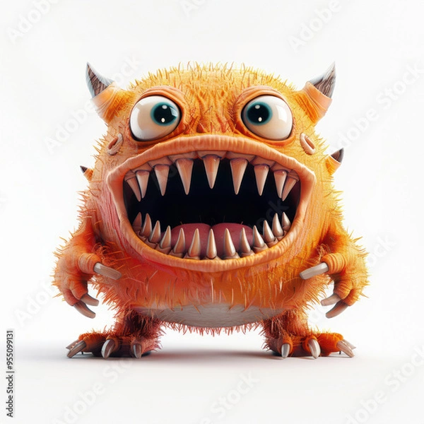 Fototapeta A cartoon monster with big eyes and a huge mouth. The monster is orange and has a menacing look on its face
