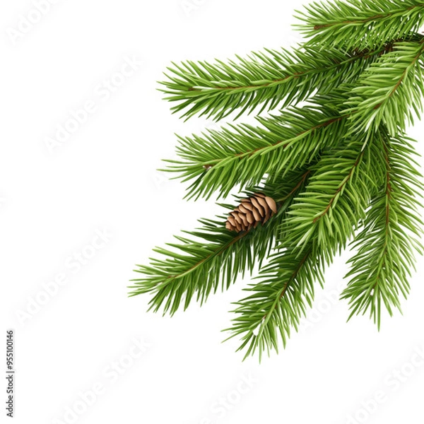 Fototapeta A close-up of a pine branch showcasing green needles and a pine cone, perfect for nature-themed designs or holiday projects.