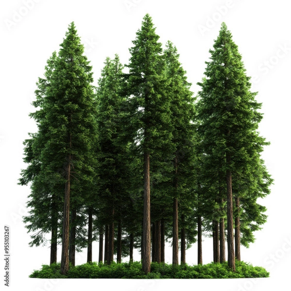 Fototapeta A serene and lush green forest with tall coniferous trees, perfect for nature lovers and outdoor enthusiasts.