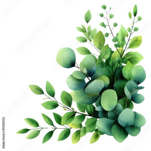 Fototapeta A vibrant green foliage arrangement showcasing various leaves and botanical elements, perfect for nature-themed designs.