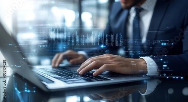 Fototapeta Businessman using AI on laptop computer analyzing big data on virtual interface, data science, Business Intelligence.