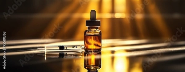 Fototapeta OPV Vaccine dose Glass dropper bottle filled with golden liquid, illuminated by soft light rays, ideal for wellness and beauty concepts., OPV Vaccine dose concept background.