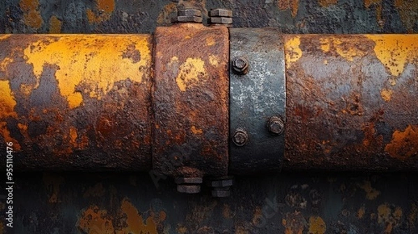 Fototapeta Weathered rust patterns on an old, corroded pipe with a gritty, industrial look