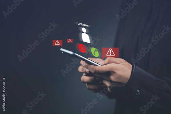 Fototapeta Dangers of phone scams and fraud. Mobile phone with a shadowy figure representing a scammer. Privacy, security, and awareness in protecting against fake calls, hacker threats, and online crime.