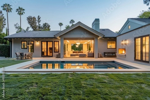 Fototapeta Back patio and pool area of a light gray craftsman style home in Malibu with lush green grass, small rectangular pool, large windows, palm trees, and neighboring house.