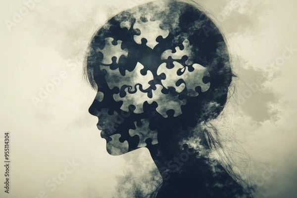 Fototapeta Creative thinking Mind Silhouette of a womans head with puzzle pieces forming clouds symbolizing fragmented memories and the ephemeral nature of thoughts