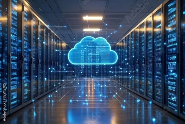 Fototapeta AIdriven cloud environment with automated scaling servers, representing the dynamic performance of cloud computing
