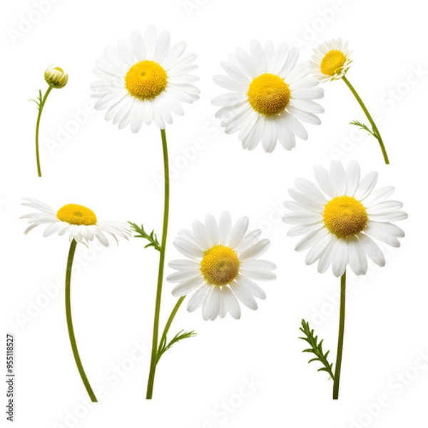 Fototapeta chamomile or daisies isolated on transparent background with clipping path. Set or collection.
