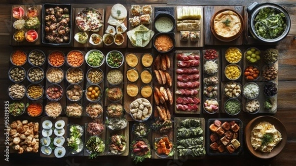 Fototapeta A large spread of appetizers and side dishes on a wooden table, arranged in rows, perfect for a party or a large gathering.
