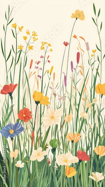 Fototapeta A vibrant tapestry of wildflowers in full bloom, their petals dancing in the summer breeze, a colorful symphony of nature's artistry.