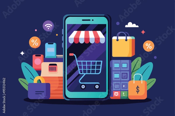 Fototapeta smartphone displaying an online shopping app, symbolizing the rise of mobile commerce in the future of e-commerce.