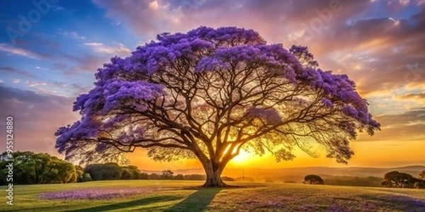 Fototapeta A majestic purple leafed Jacaranda tree stands tall against a soft, warm sunrise, shot from a low angle, morning golden light, a realistic photo image.