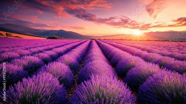 Fototapeta Lavender fields bathed in the soft, atmospheric light of sunset, with the air thick with the scent of flowers and the horizon glowing