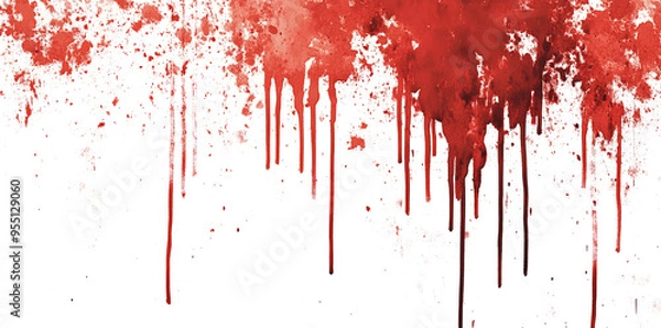 Obraz Red blood or paint flowing down on transparent background. Halloween, murder and horror concept. Red ink splash, splatter and stain.