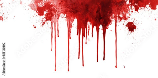 Obraz Red blood or paint flowing down on transparent background. Halloween, murder and horror concept. Red ink splash, splatter and stain.